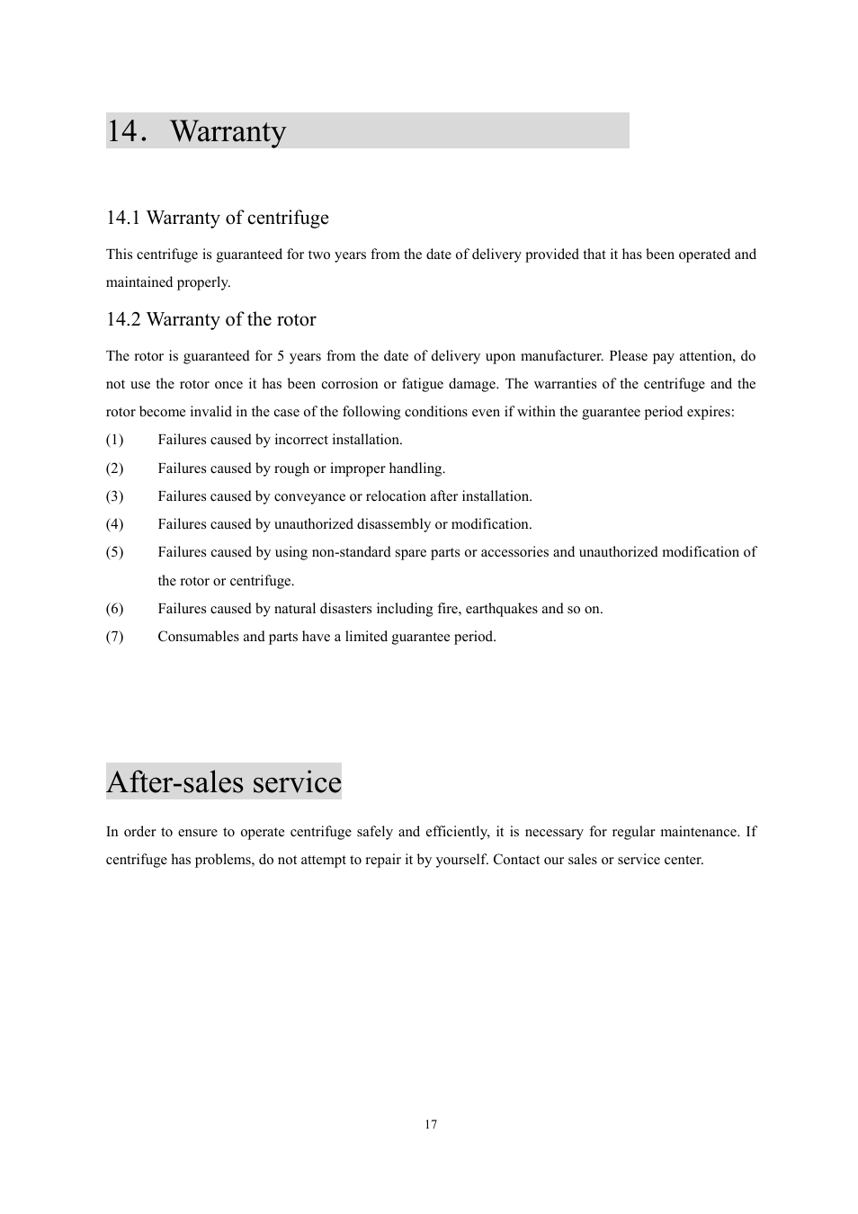 Warranty, After-sales service, 1 warranty of centrifuge | 2 warranty of the rotor | Scilogex DM0142 Clinical-Centrifuge User Manual | Page 20 / 21