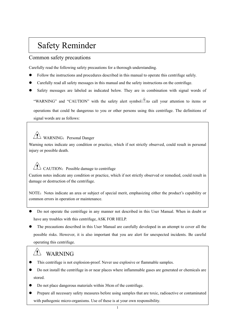 Safety reminder, Warning, Common safety precautions | Scilogex DM0142 Clinical-Centrifuge User Manual | Page 4 / 21
