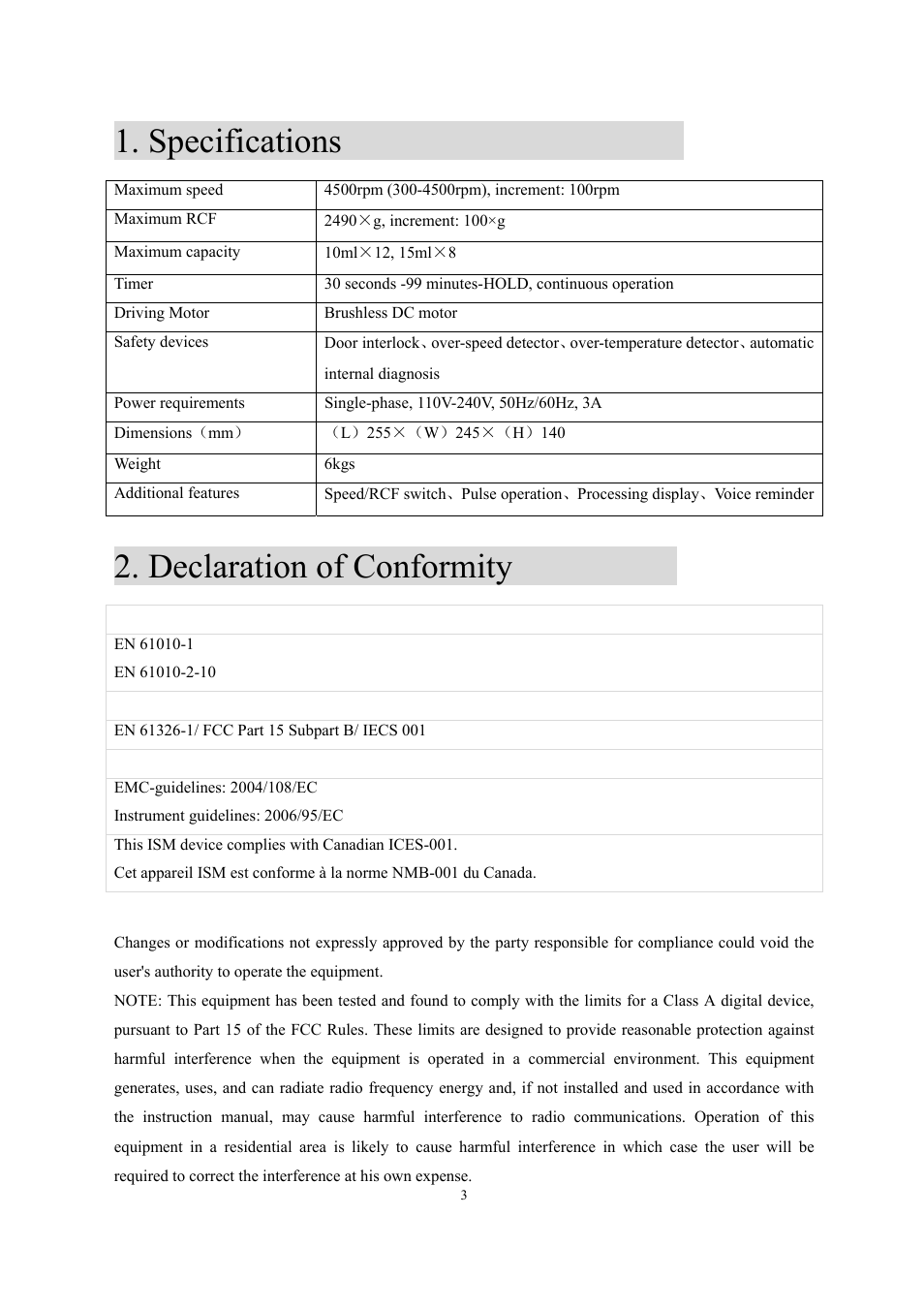Specifications, Declaration of conformity | Scilogex DM0142 Clinical-Centrifuge User Manual | Page 6 / 21