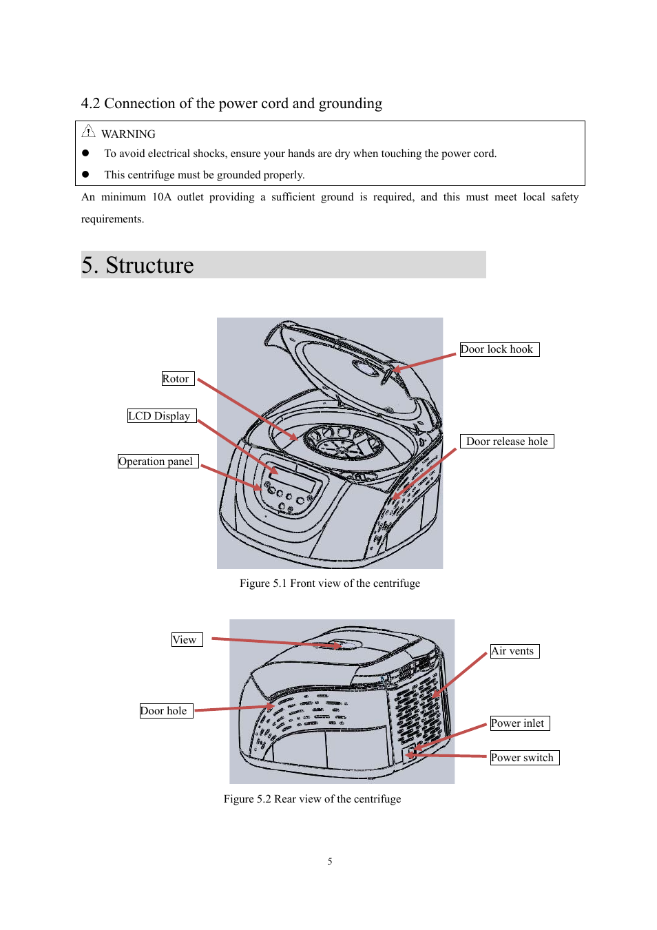 Structure, 2 connection of the power cord and grounding | Scilogex DM0142 Clinical-Centrifuge User Manual | Page 8 / 21