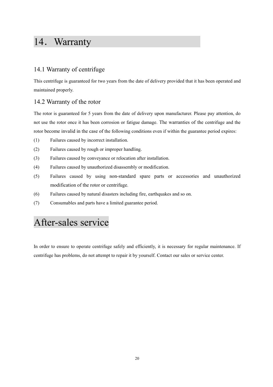 Warranty, After-sales service, 1 warranty of centrifuge | 2 warranty of the rotor | Scilogex DM1424 Hematocrit-Centrifuge User Manual | Page 23 / 24