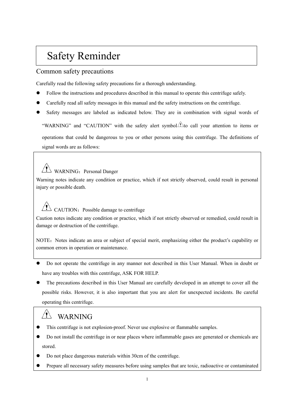 Safety reminder, Warning, Common safety precautions | Scilogex DM1424 Hematocrit-Centrifuge User Manual | Page 4 / 24