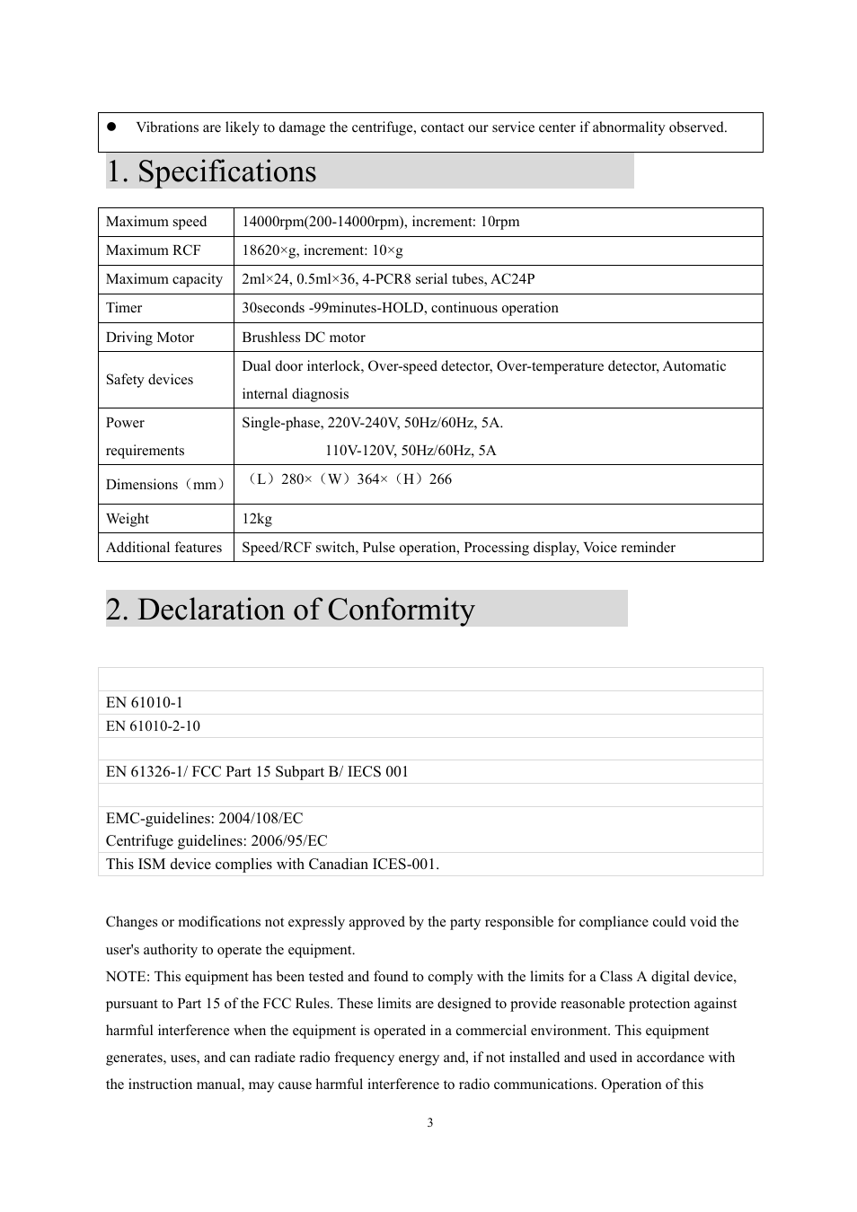 Specifications, Declaration of conformity | Scilogex DM1424 Hematocrit-Centrifuge User Manual | Page 6 / 24