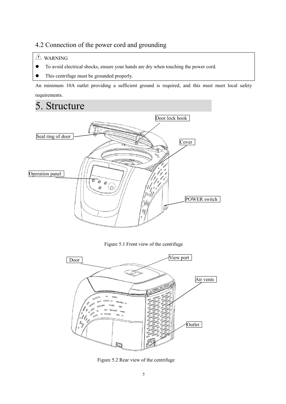 Structure, 2 connection of the power cord and grounding | Scilogex DM1424 Hematocrit-Centrifuge User Manual | Page 8 / 24