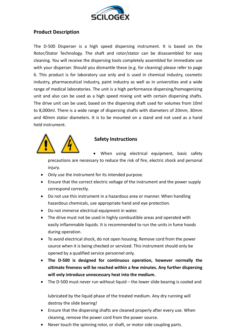 Product description, Safety instructions | Scilogex D-500 User Manual | Page 3 / 12