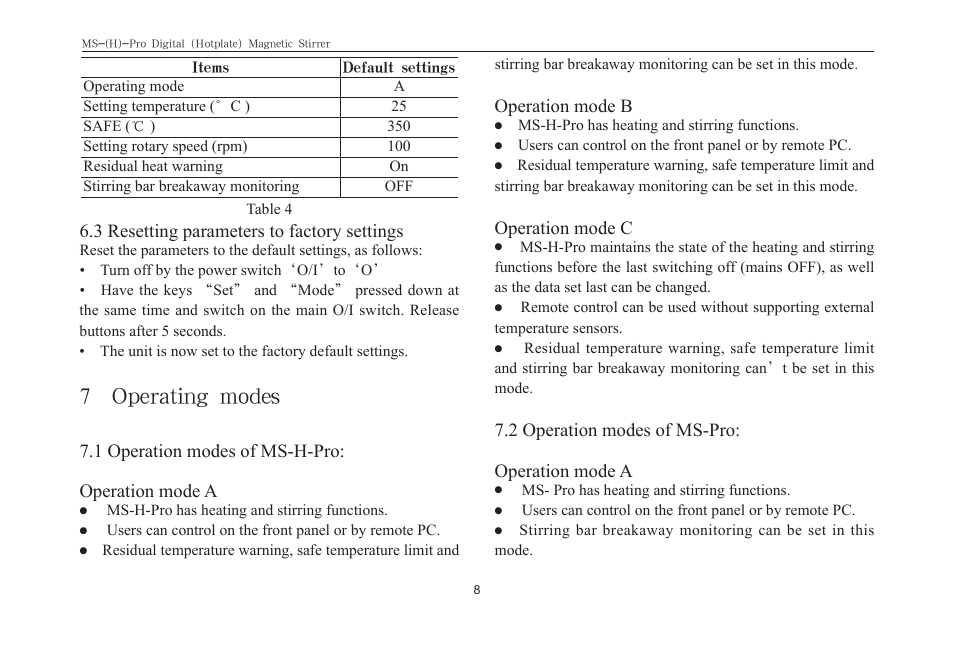 7 operating modes, 3 resetting parameters to factory settings, 1 operation modes of ms-h-pro: operation mode a | Operation mode b, Operation mode c, 2 operation modes of ms-pro: operation mode a | Scilogex MS-Pro User Manual | Page 10 / 20