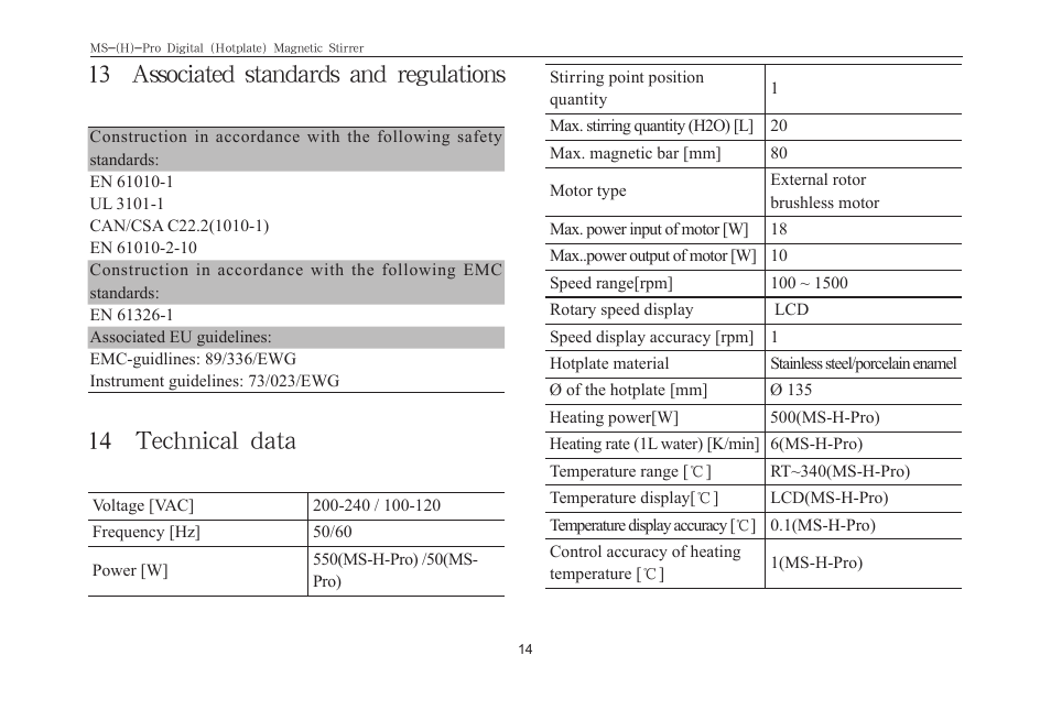 13 associated standards and regulations, 14 technical data | Scilogex MS-Pro User Manual | Page 16 / 20