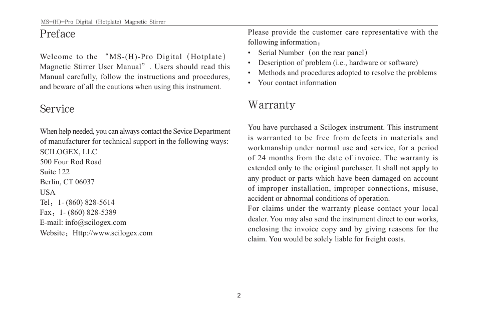 Preface, Service, Warranty | Scilogex MS-Pro User Manual | Page 4 / 20
