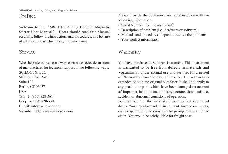 Preface, Service, Warranty | Scilogex MS-S User Manual | Page 4 / 12