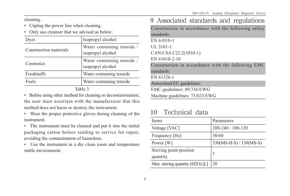 9 associated standards and regulations, 10 technical data | Scilogex MS-S User Manual | Page 9 / 12