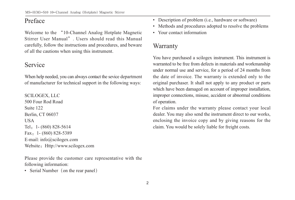 Preface, Service, Warranty | Scilogex MS-M-S10 User Manual | Page 4 / 12