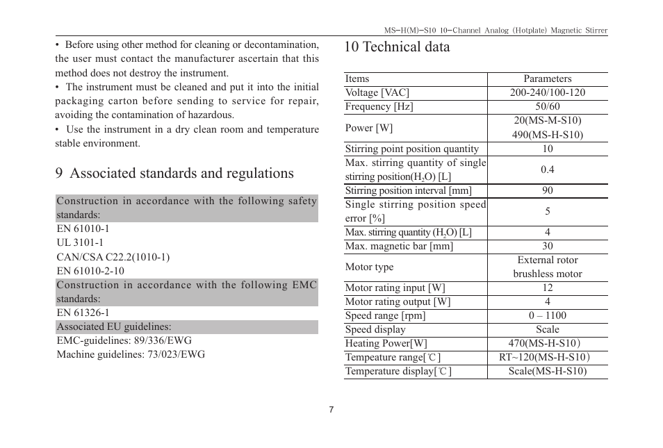 9 associated standards and regulations, 10 technical data | Scilogex MS-M-S10 User Manual | Page 9 / 12