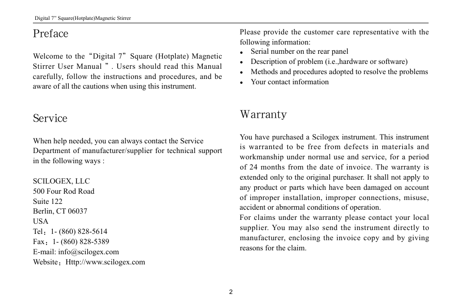 Preface, Service, Warranty | Scilogex MS7-H550-Pro User Manual | Page 4 / 20