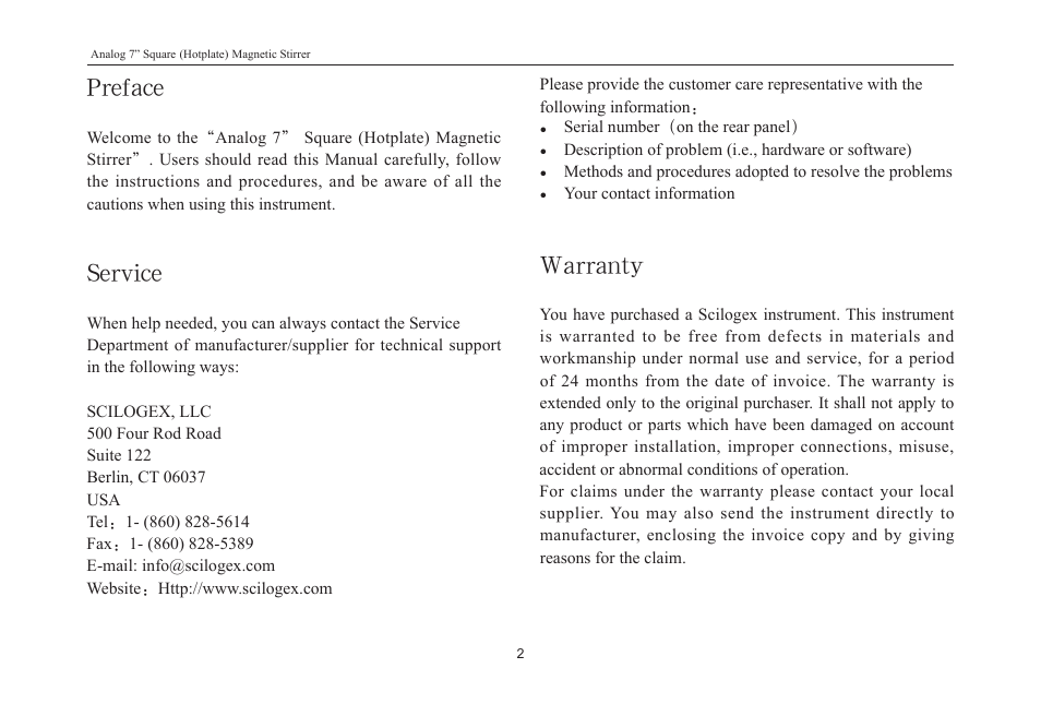 Preface, Service, Warranty | Scilogex MS7-H550-S User Manual | Page 4 / 16