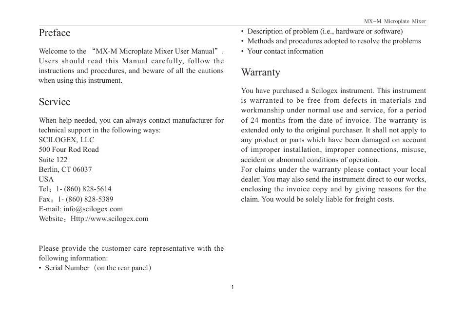 Preface, Service, Warranty | Scilogex MX-M User Manual | Page 3 / 8