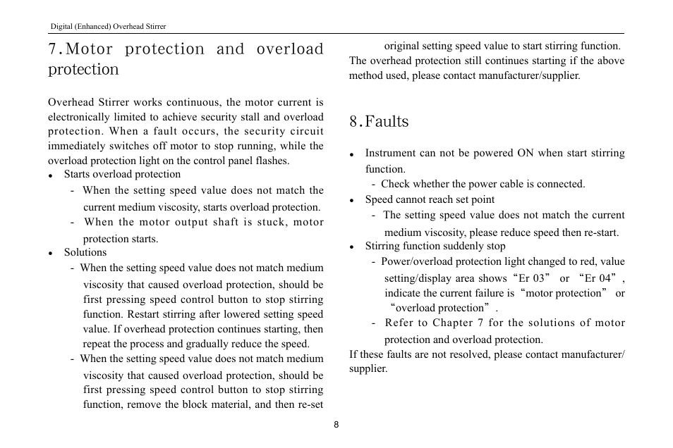 Motor protection and overload protection, Faults | Scilogex OS20-Pro User Manual | Page 10 / 16