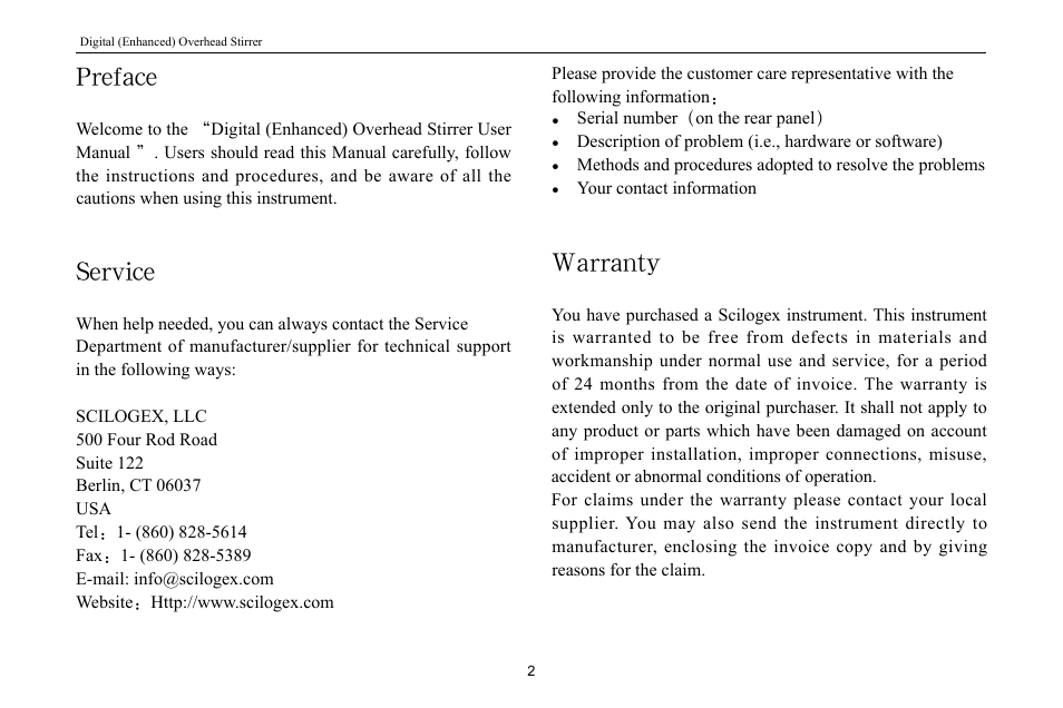 Preface, Service, Warranty | Scilogex OS20-Pro User Manual | Page 4 / 16