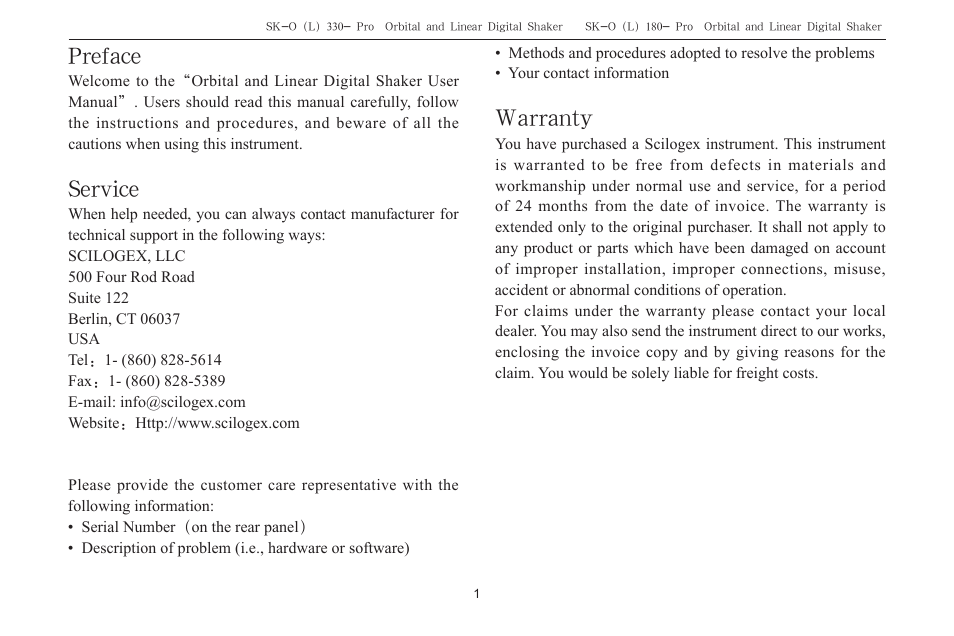 Preface, Service, Warranty | Scilogex SK-O180-Pro User Manual | Page 3 / 16