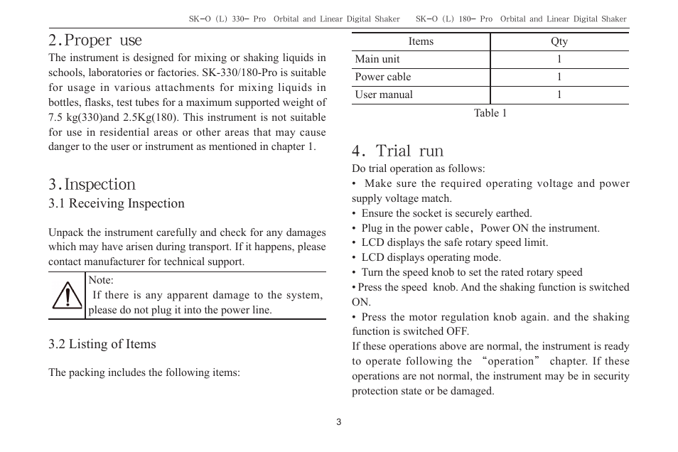 Proper use, Inspection, Trial run | Scilogex SK-O180-Pro User Manual | Page 5 / 16