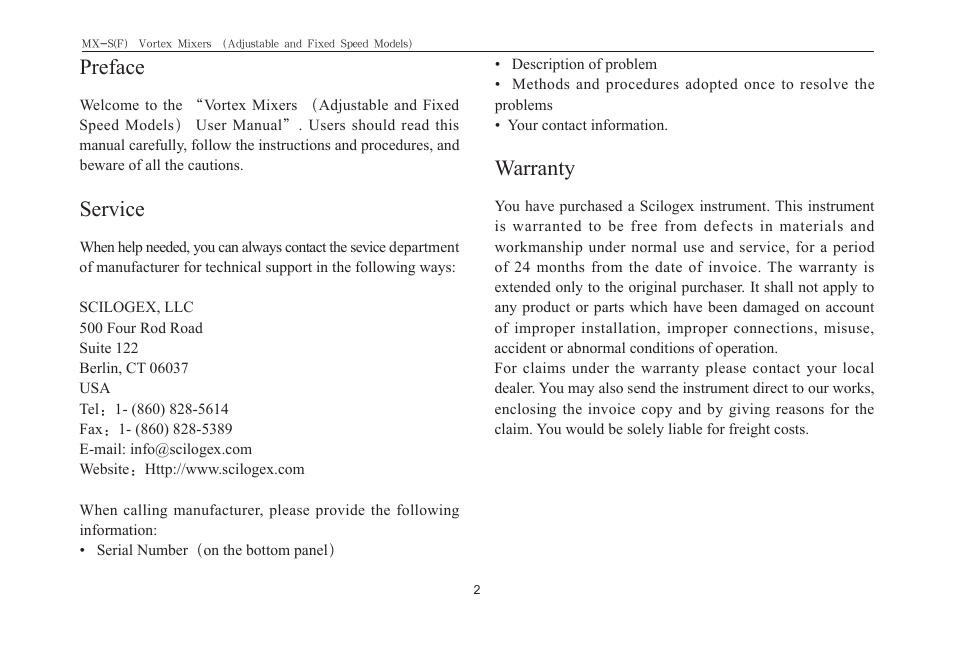 Preface, Service, Warranty | Scilogex MX-F User Manual | Page 4 / 12