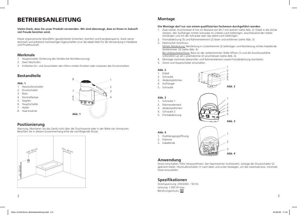 Betriebsanleitung, Montage, Anwendung | Spezifikationen, Bestandteile, Positionierung | SOLIS Comfort Line User Manual | Page 2 / 10