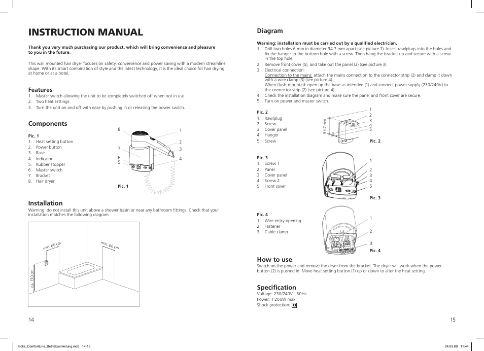 Instruction manual, Diagram, How to use | Specification, Components, Installation | SOLIS Comfort Line User Manual | Page 8 / 10