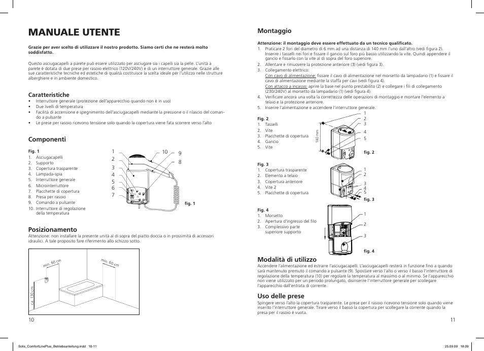 Manuale utente, Montaggio, Modalità di utilizzo | Uso delle prese, Componenti, Posizionamento | SOLIS Comfort Line Plus User Manual | Page 6 / 10