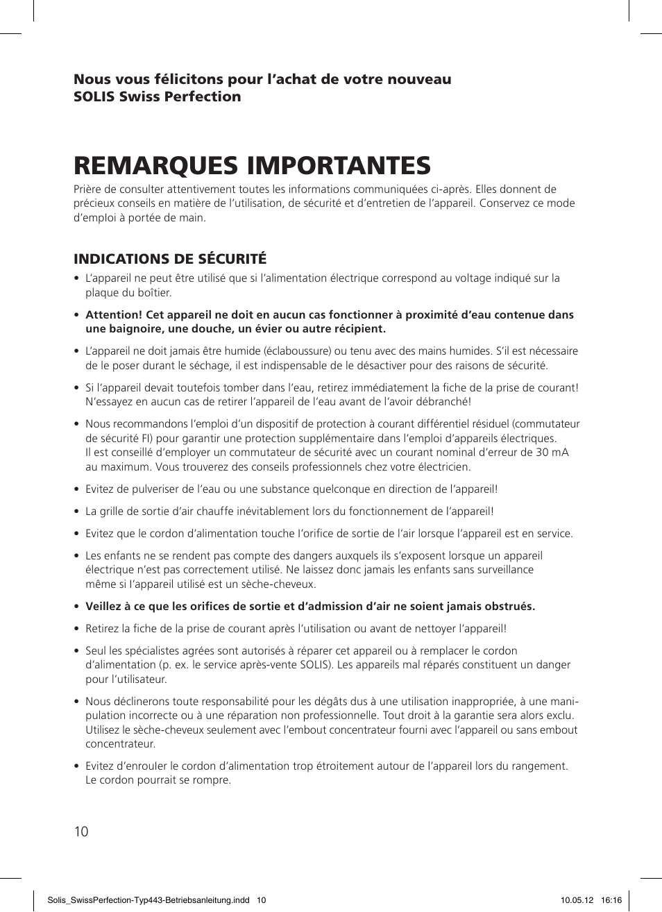 Remarques importantes | SOLIS Swiss Perfection HE User Manual | Page 10 / 33