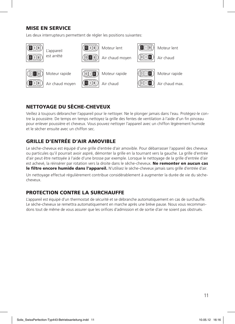 Nettoyage du sèche-cheveux, Grille d’entrée d’air amovible, Protection contre la surchauffe | Mise en service | SOLIS Swiss Perfection HE User Manual | Page 11 / 33