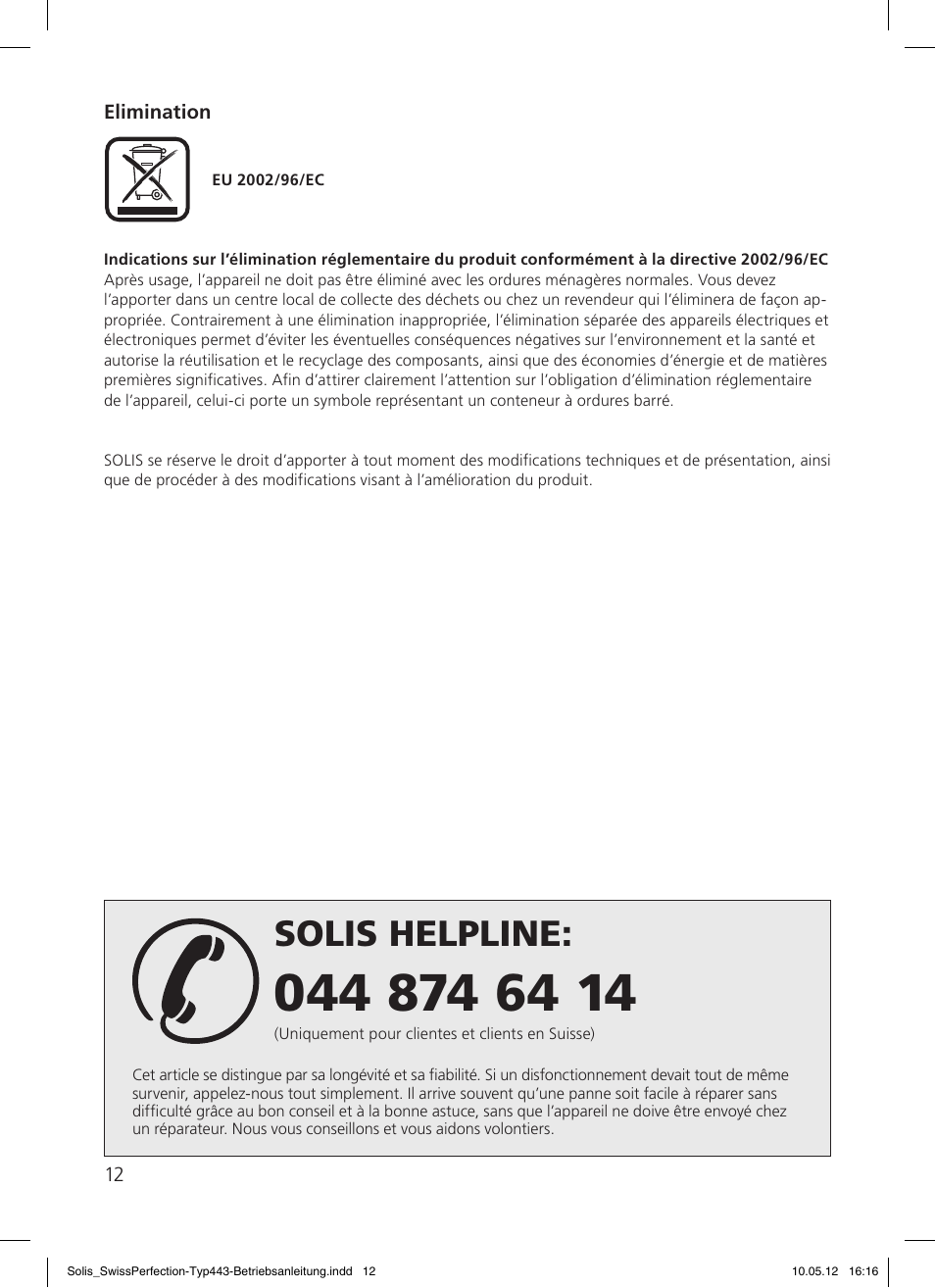 Solis helpline | SOLIS Swiss Perfection HE User Manual | Page 12 / 33