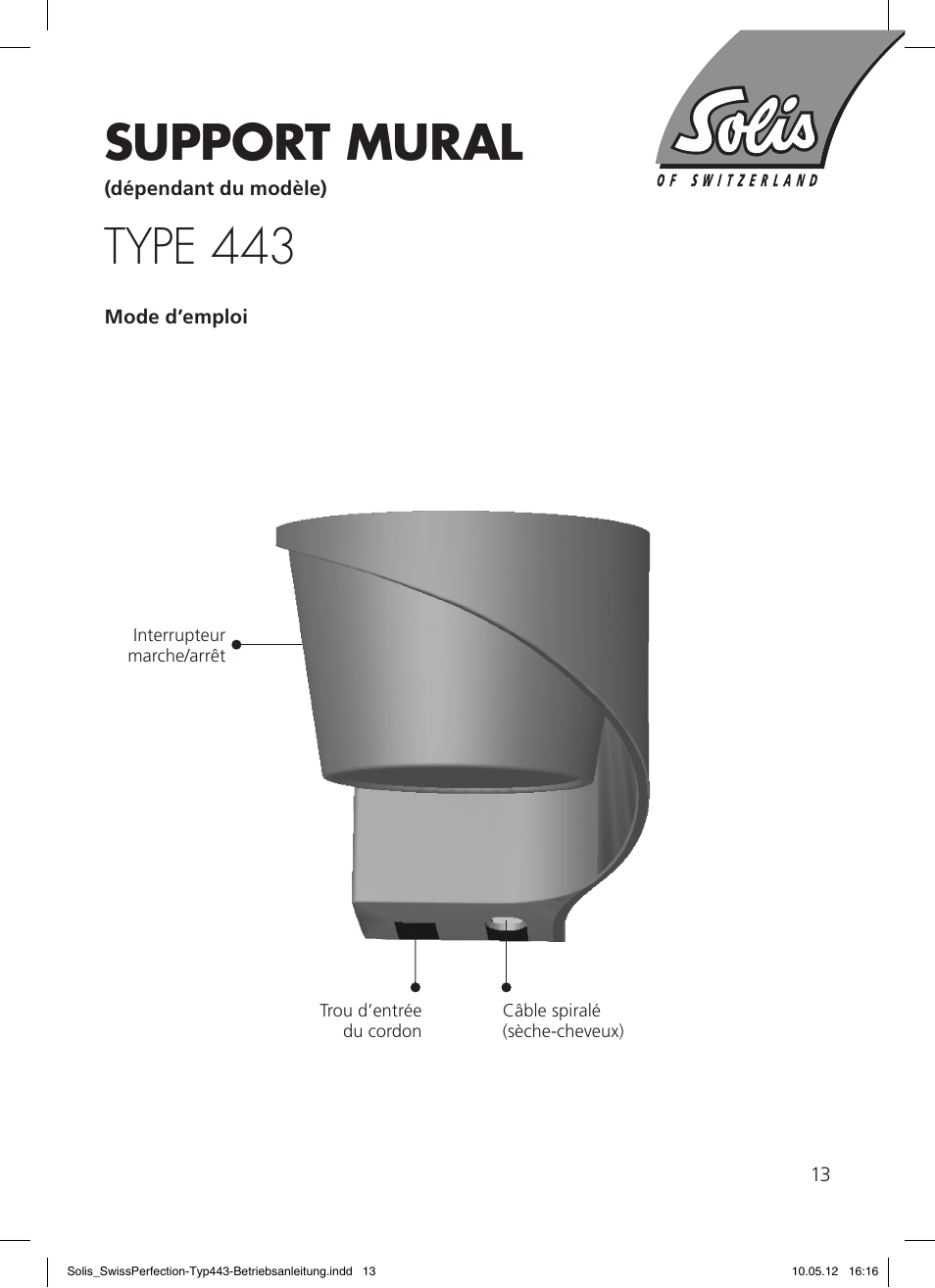 Support mural, Type 443 | SOLIS Swiss Perfection HE User Manual | Page 13 / 33