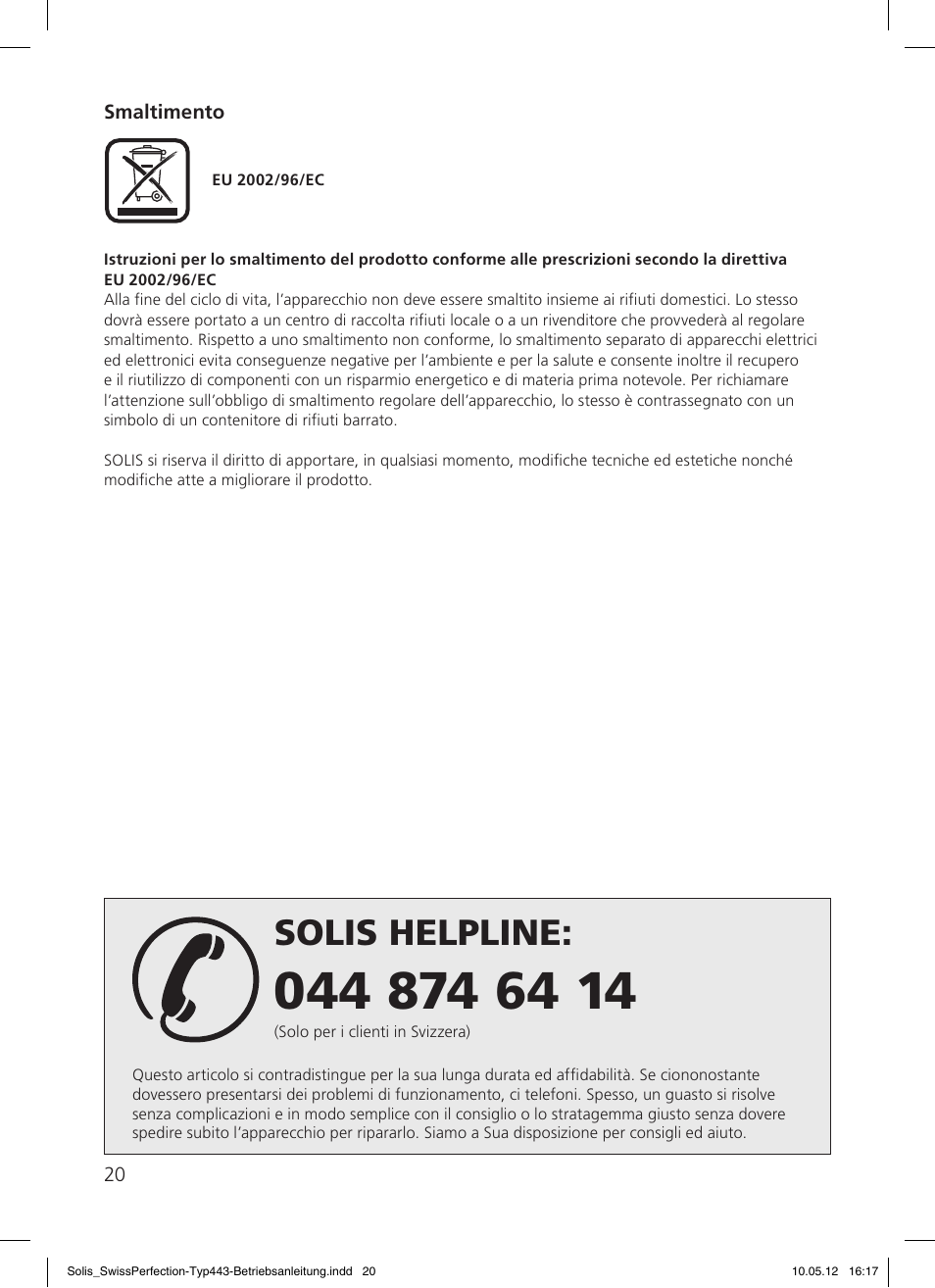 Solis helpline | SOLIS Swiss Perfection HE User Manual | Page 20 / 33