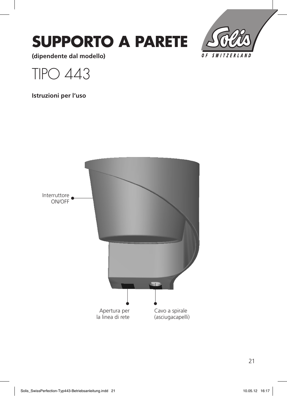 Supporto a parete, Tipo 443 | SOLIS Swiss Perfection HE User Manual | Page 21 / 33