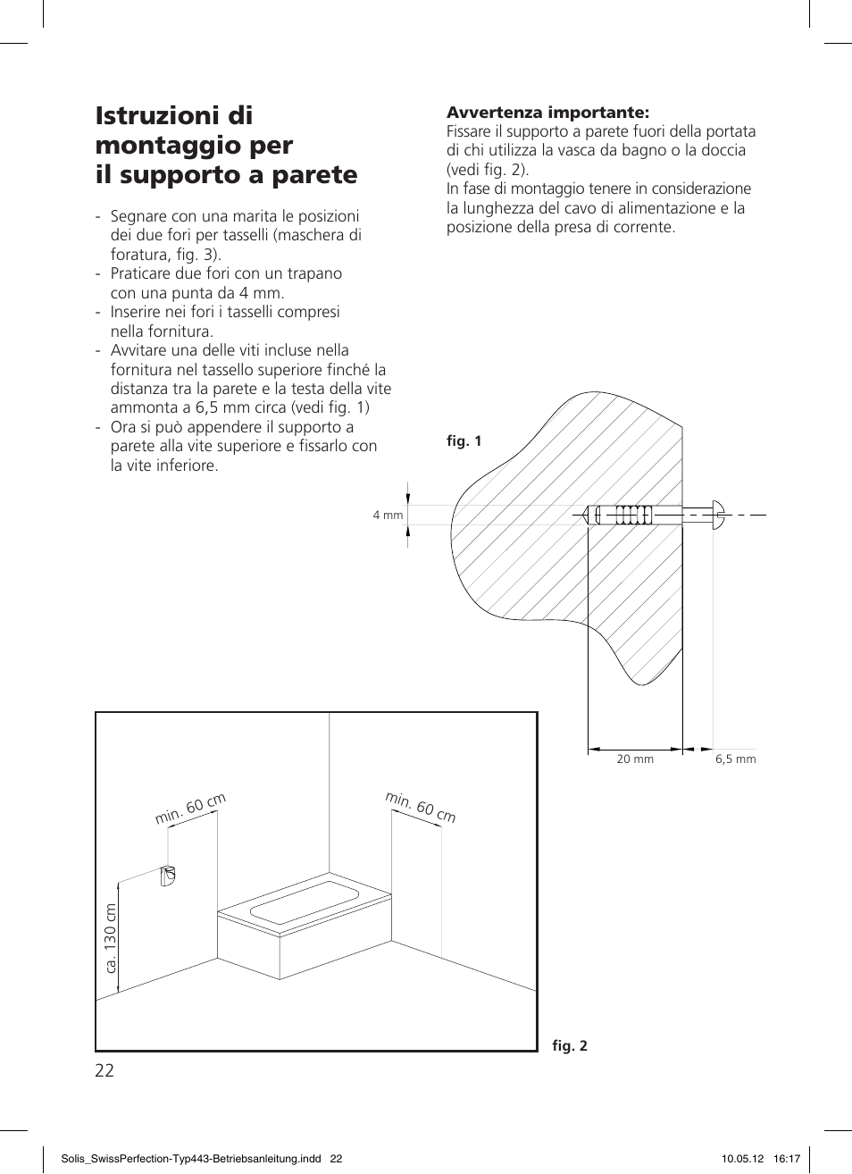 Istruzioni di montaggio per il supporto a parete | SOLIS Swiss Perfection HE User Manual | Page 22 / 33