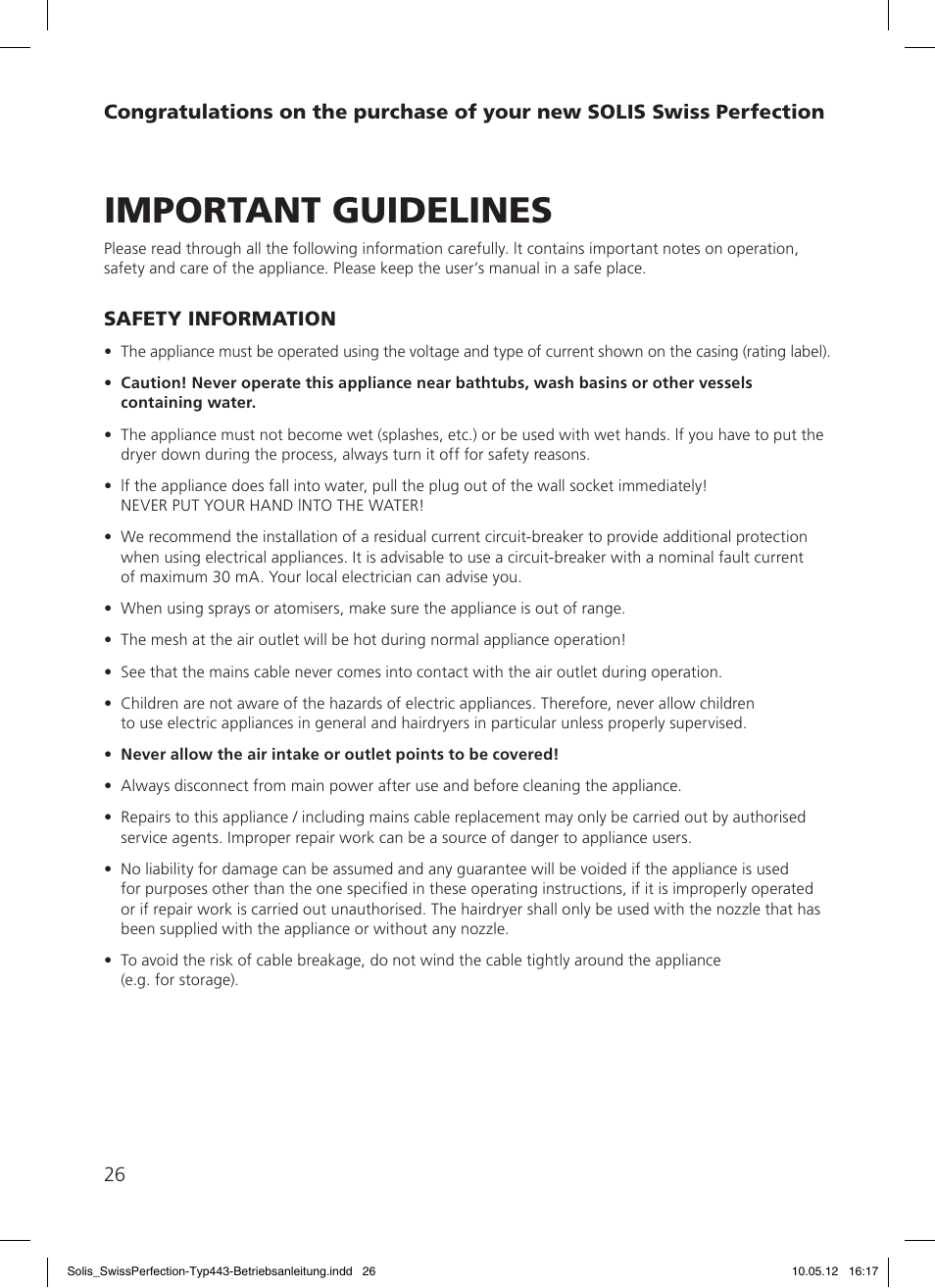 Important guidelines | SOLIS Swiss Perfection HE User Manual | Page 26 / 33