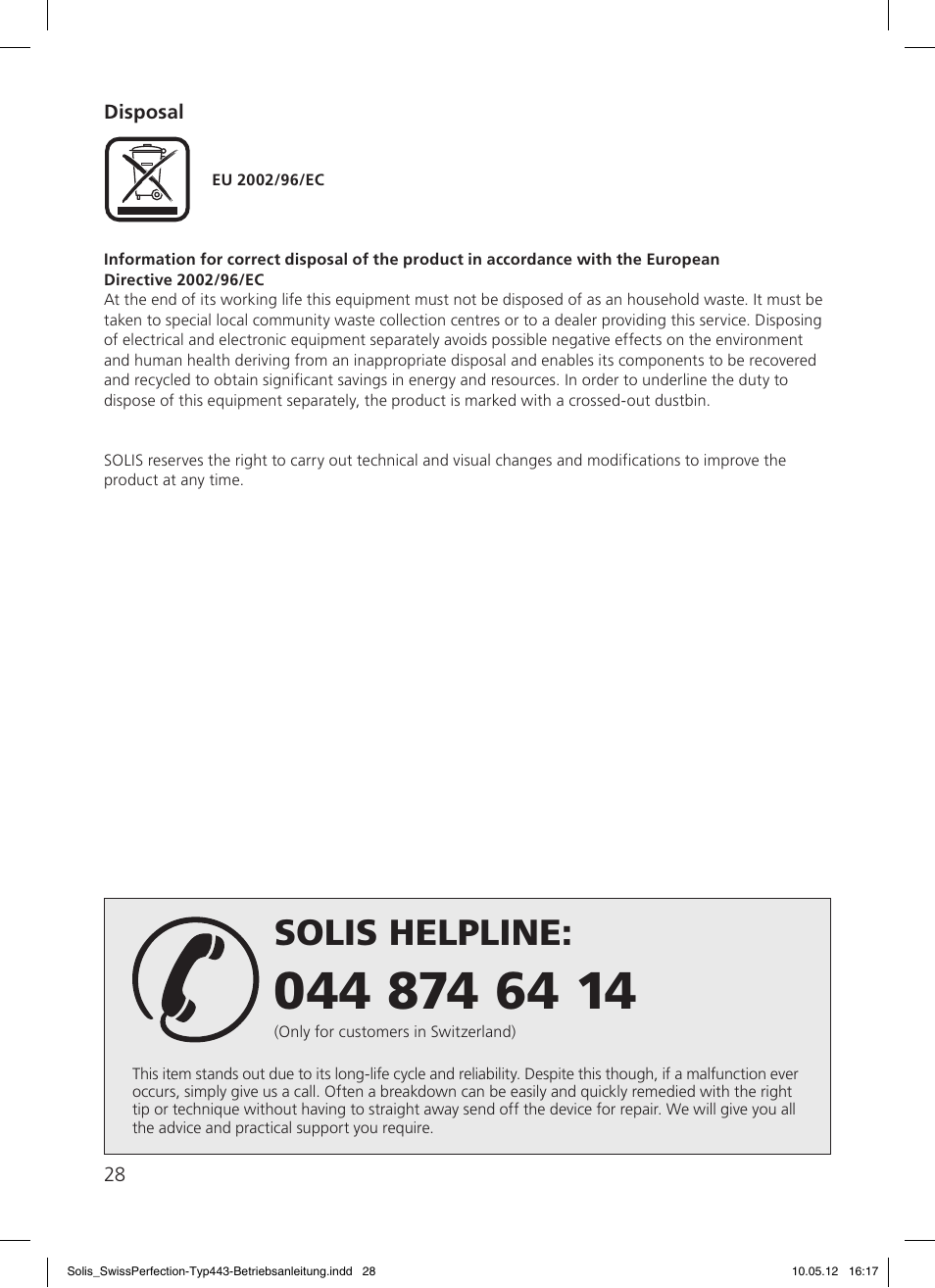 Solis helpline | SOLIS Swiss Perfection HE User Manual | Page 28 / 33