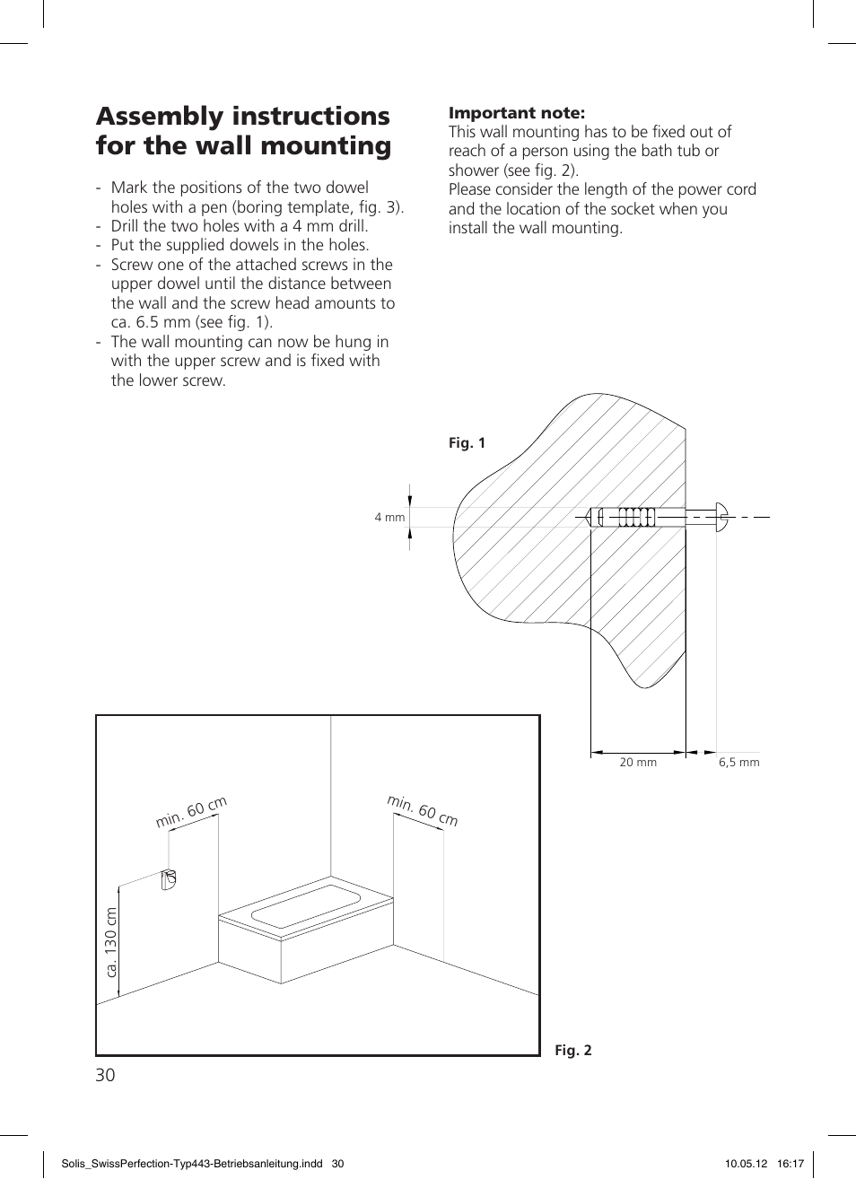 Assembly instructions for the wall mounting | SOLIS Swiss Perfection HE User Manual | Page 30 / 33