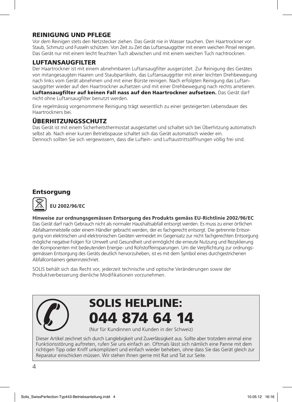 Solis helpline | SOLIS Swiss Perfection HE User Manual | Page 4 / 33
