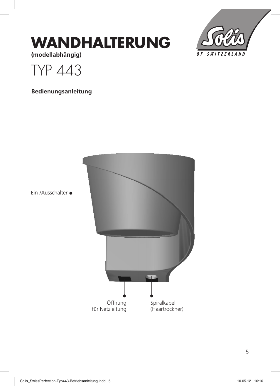 Wandhalterung, Typ 443 | SOLIS Swiss Perfection HE User Manual | Page 5 / 33