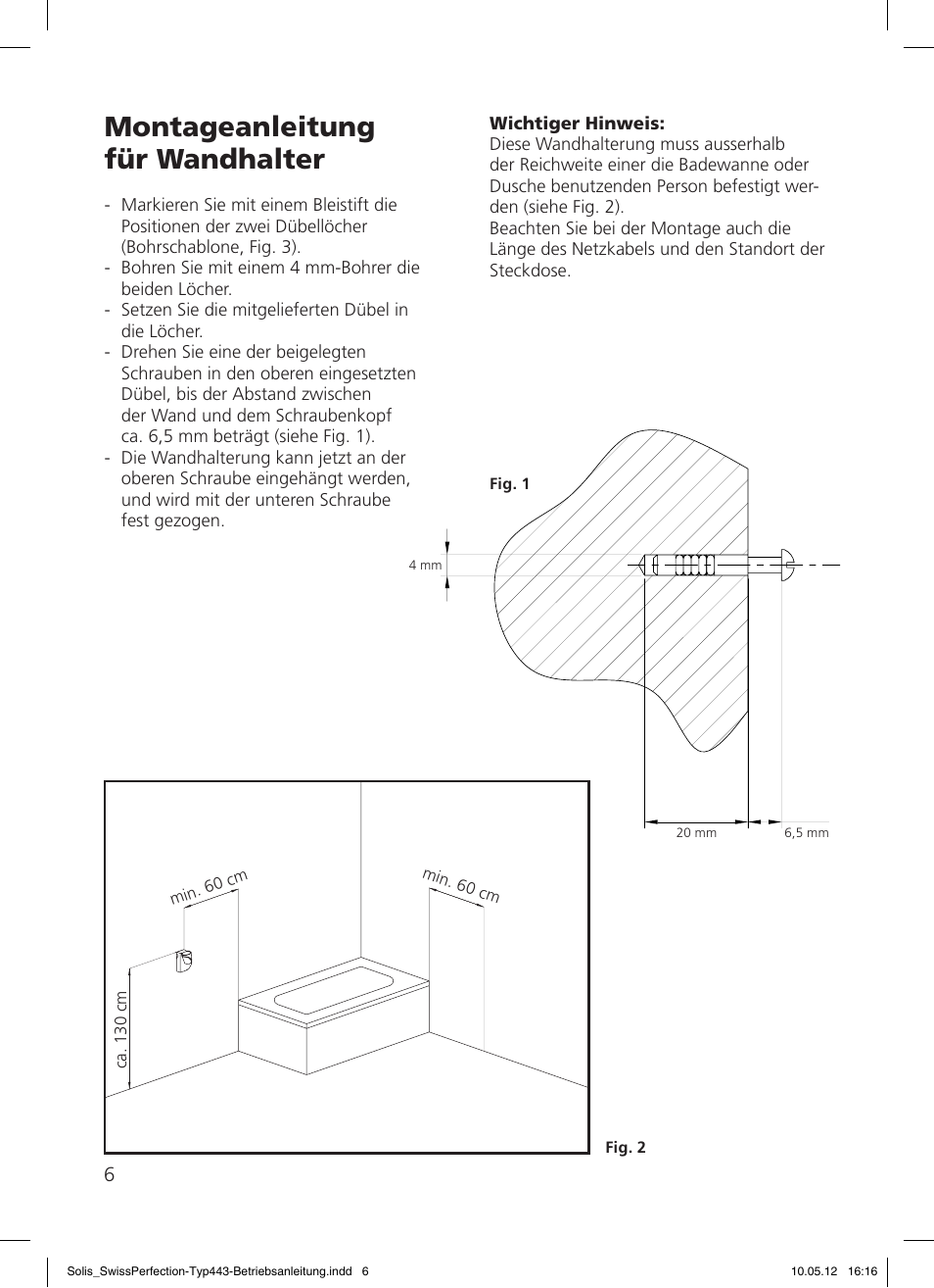 Montageanleitung für wandhalter | SOLIS Swiss Perfection HE User Manual | Page 6 / 33