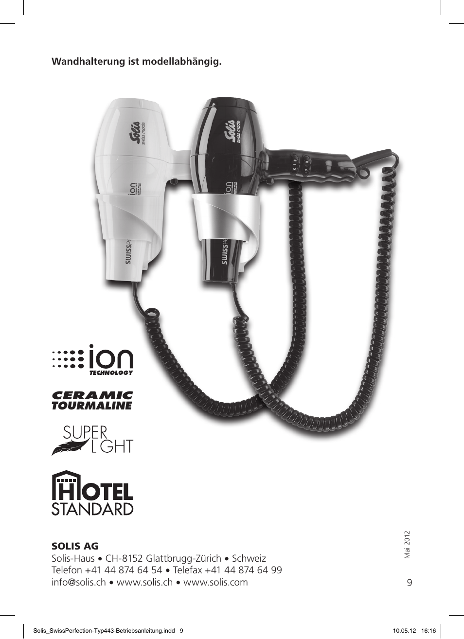 Ceramic tourmaline, 9wandhalterung ist modellabhängig | SOLIS Swiss Perfection HE User Manual | Page 9 / 33