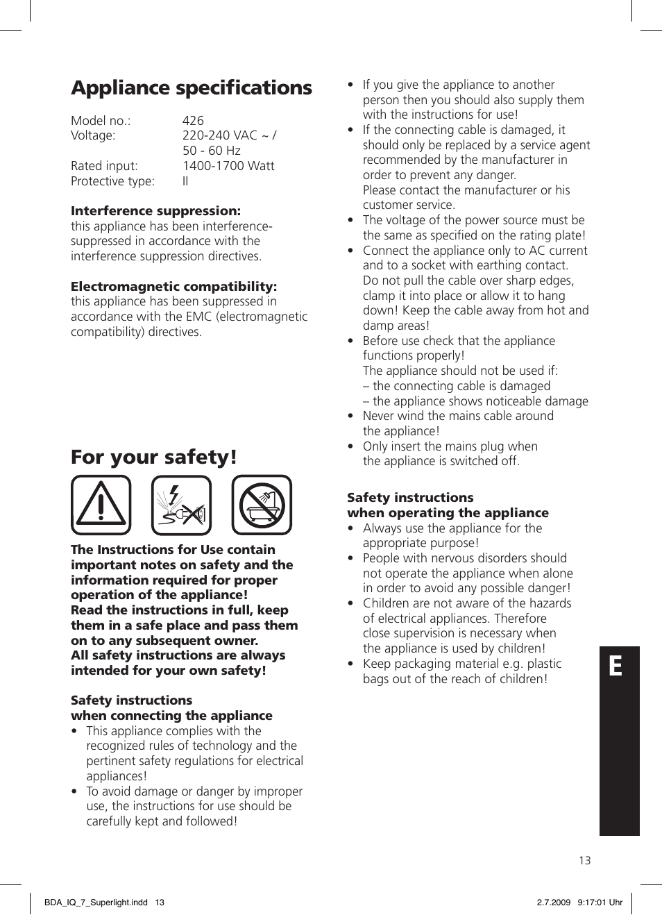 Appliance speciﬁcations, For your safety | SOLIS IQ-7 Moonlight User Manual | Page 13 / 16
