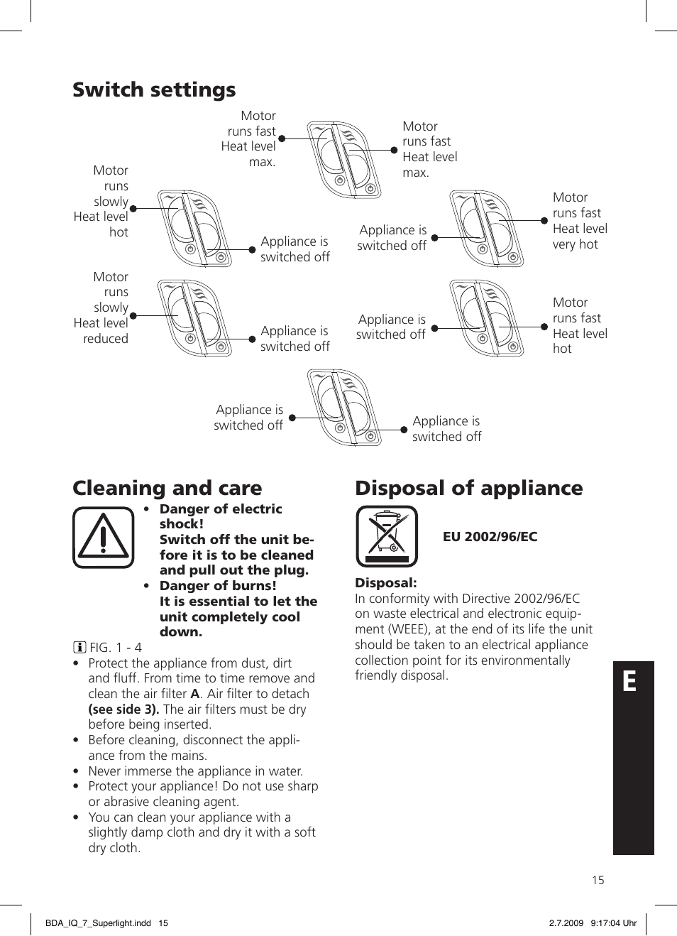 Cleaning and care, Disposal of appliance, Switch settings | SOLIS IQ-7 Moonlight User Manual | Page 15 / 16