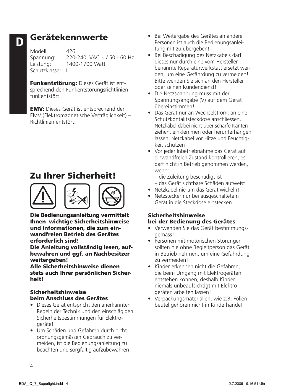 Gerätekennwerte, Zu ihrer sicherheit | SOLIS IQ-7 Moonlight User Manual | Page 4 / 16