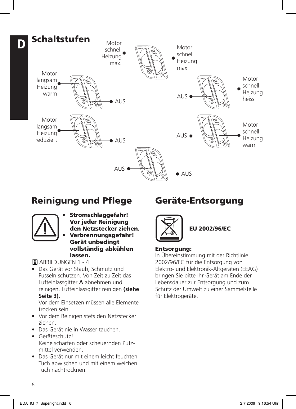 Geräte-entsorgung, Reinigung und pﬂege, Schaltstufen | SOLIS IQ-7 Moonlight User Manual | Page 6 / 16