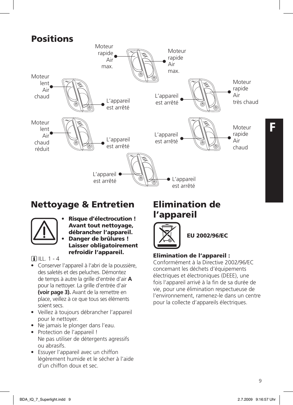 Nettoyage & entretien, Elimination de l’appareil, Positions | SOLIS IQ-7 Moonlight User Manual | Page 9 / 16