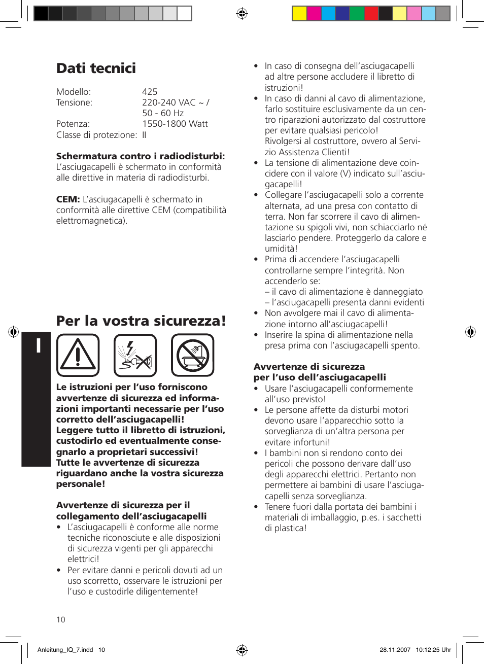 Dati tecnici, Per la vostra sicurezza | SOLIS IQ-7 classic User Manual | Page 10 / 16