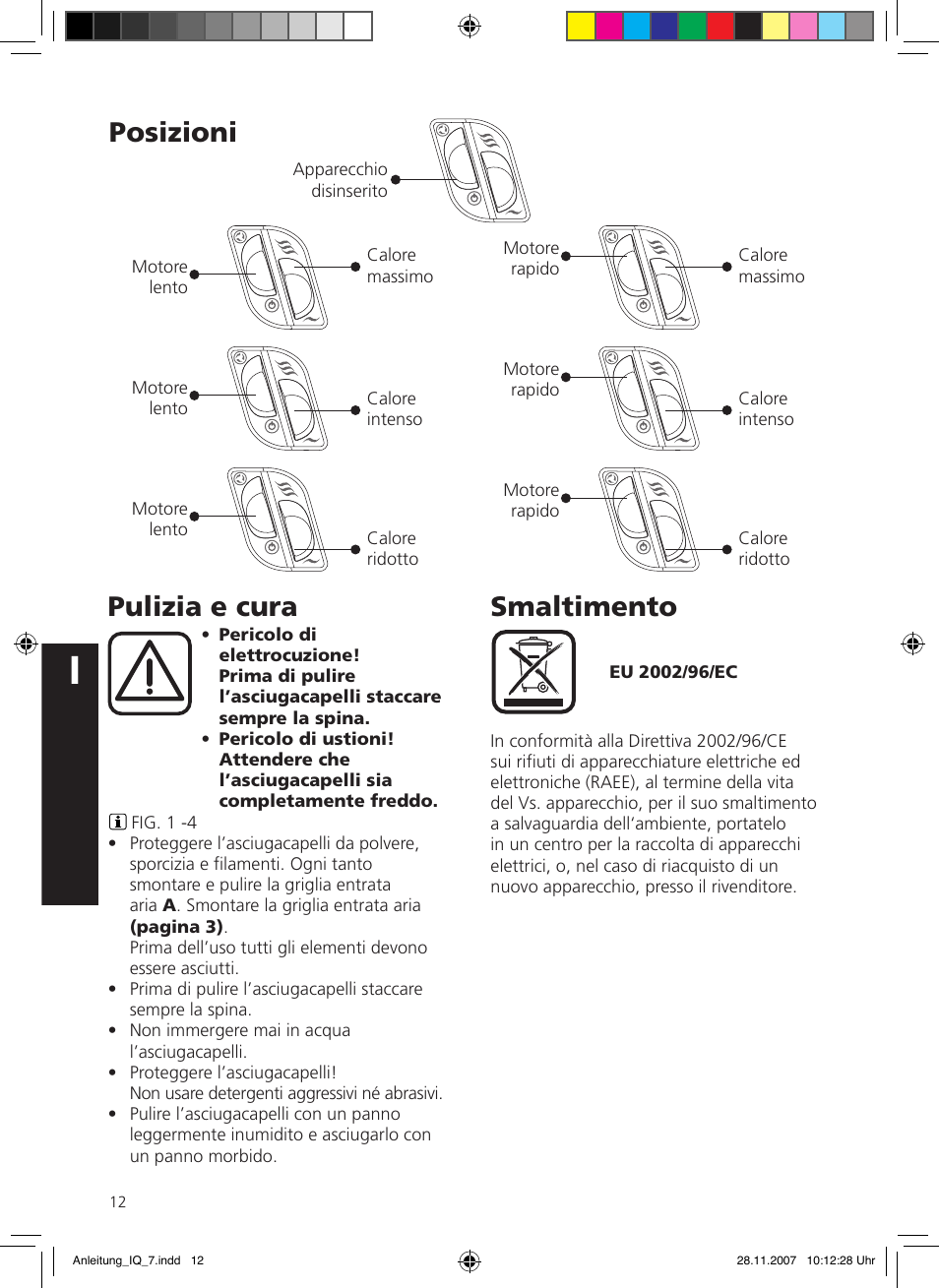 Pulizia e cura, Smaltimento, Posizioni | SOLIS IQ-7 classic User Manual | Page 12 / 16