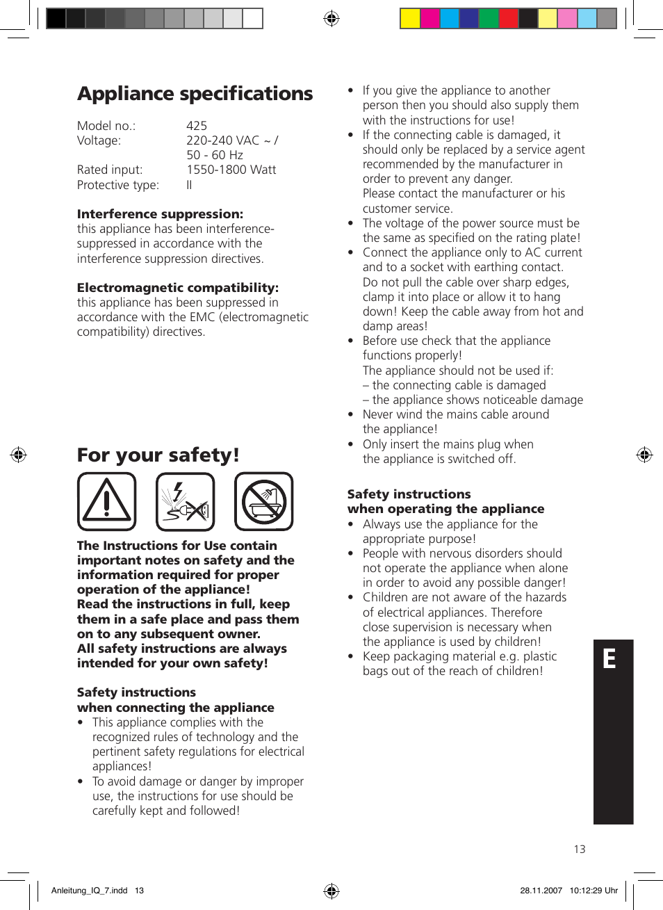 Appliance speciﬁcations, For your safety | SOLIS IQ-7 classic User Manual | Page 13 / 16