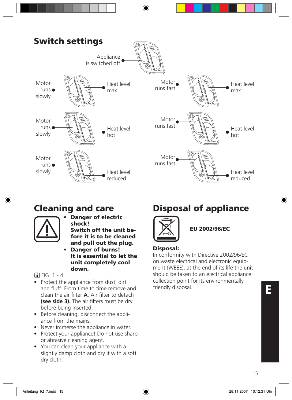 Cleaning and care, Disposal of appliance, Switch settings | SOLIS IQ-7 classic User Manual | Page 15 / 16